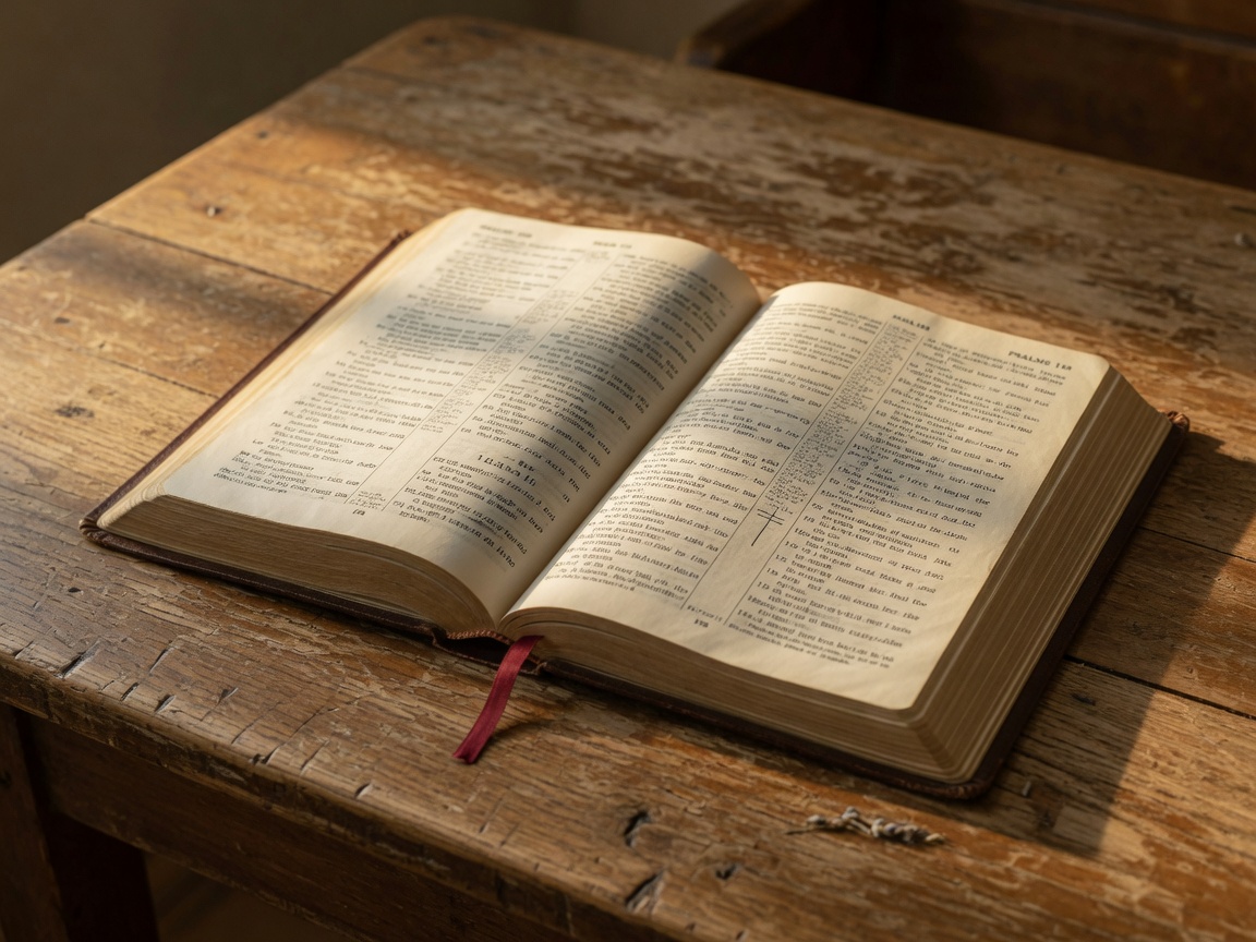 An open Bible on a wooden table