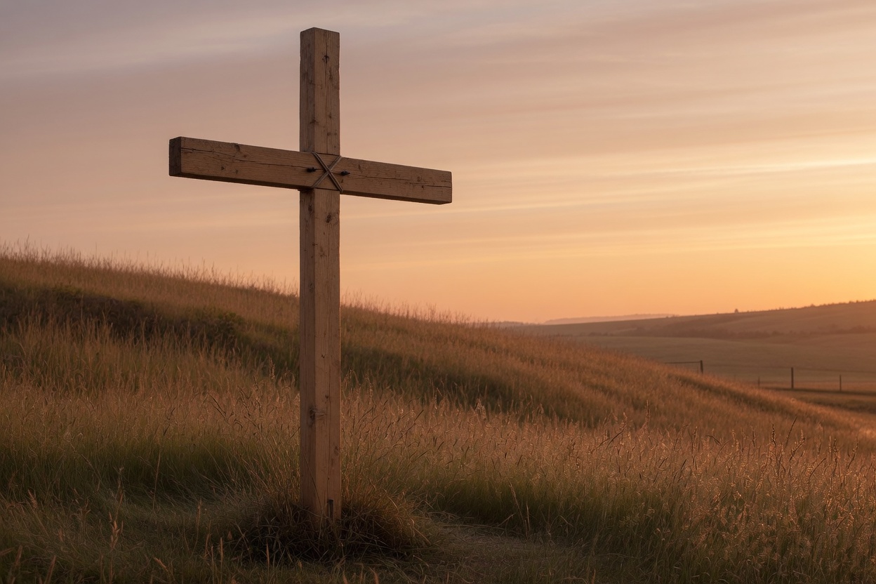 A simple wooden cross at sunrise
